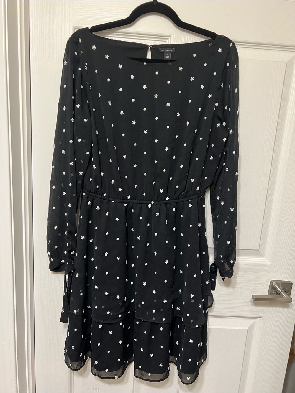 Ann Taylor Black Long-Sleeve Tiered Dress with White Floral Dots